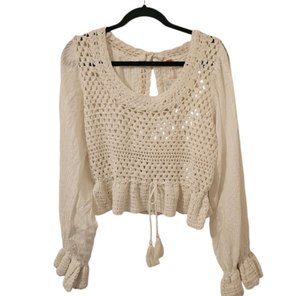 White Free People Women's Megan Crochet Long Sleeve Cutout Back Top